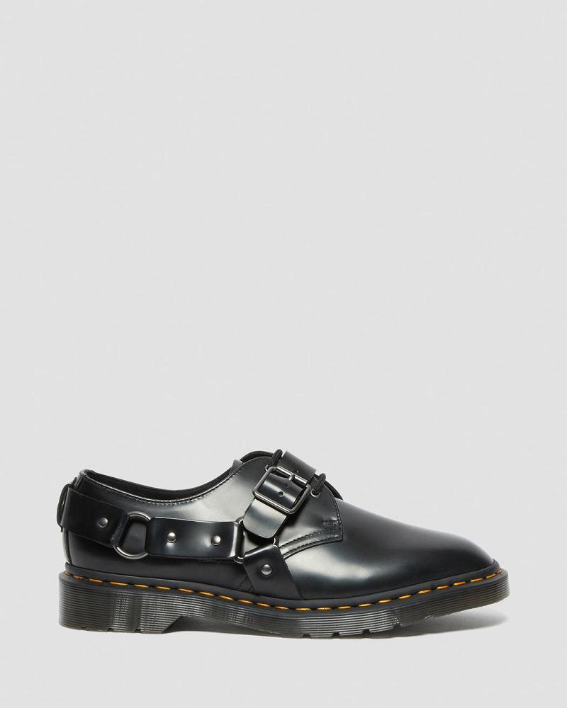 Black Men's Dr Martens Henree Polished Smooth Leather Buckle Shoes | CA 578UZG